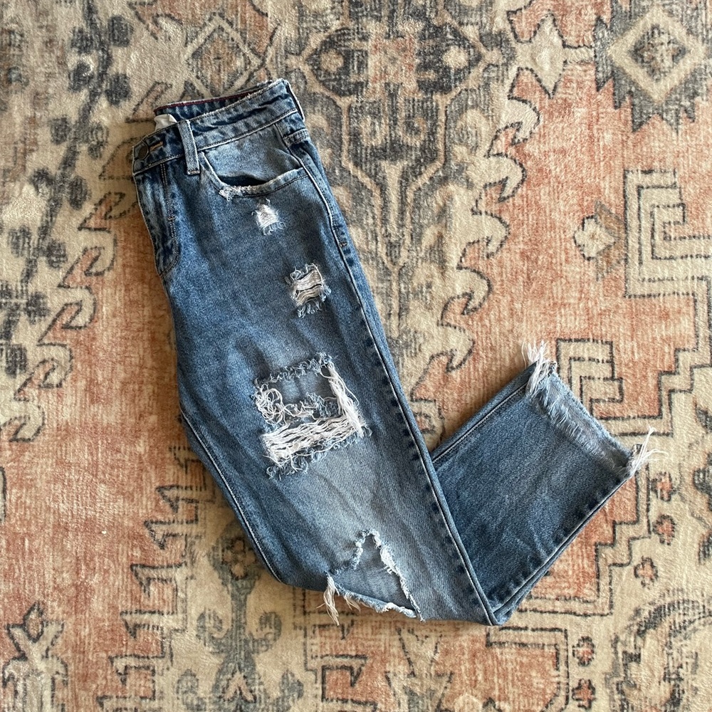 Cello High Waisted Distressed Frayed Straight Ankle Cropped Jeans